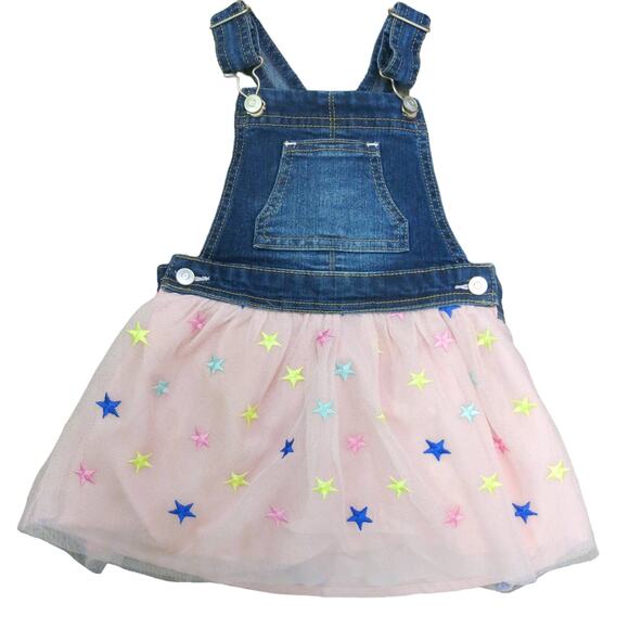 DENIM OVERALL DRESS Tulle Tutu Little Girls Size 2T Pink Stars Lined Princess - Picture 1 of 5